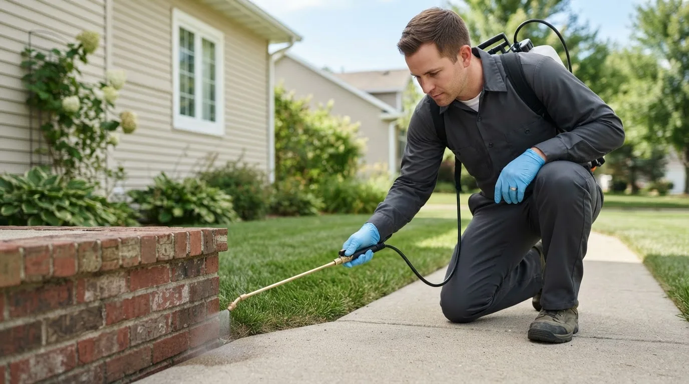 Pest control technician treating a home near Belchertown, MA