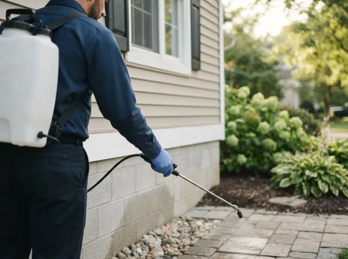 Pest control technician inspecting a home in Belchertown, MA